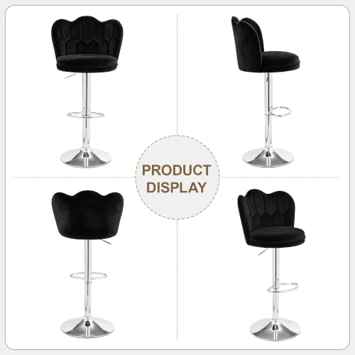 Adjustable Velvet Bar Stools Set of 2 with Backrest - Black