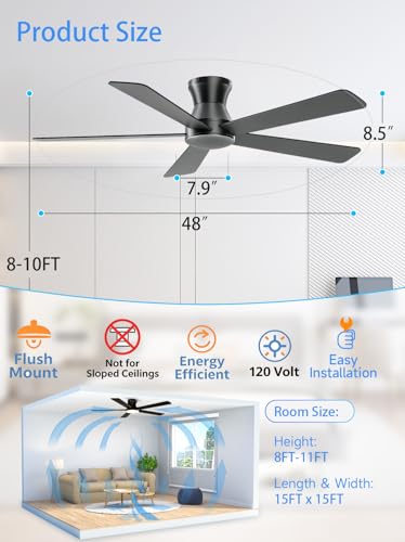 Carrefour Matte Black 48-Inch Ceiling Fan No Light - Low Profile, Reversible, 6-Speed with Remote & App Control