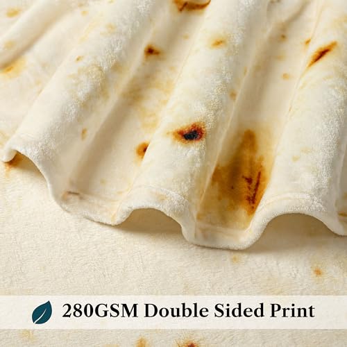 PAVILIA Burrito Tortilla Blanket, Double Sided Taco Flour Wrap Novelty Throw for Adult Kid Teen, Realistic Food Blanket, Funny Gag Gift for Birthday, Beige Flour 80in