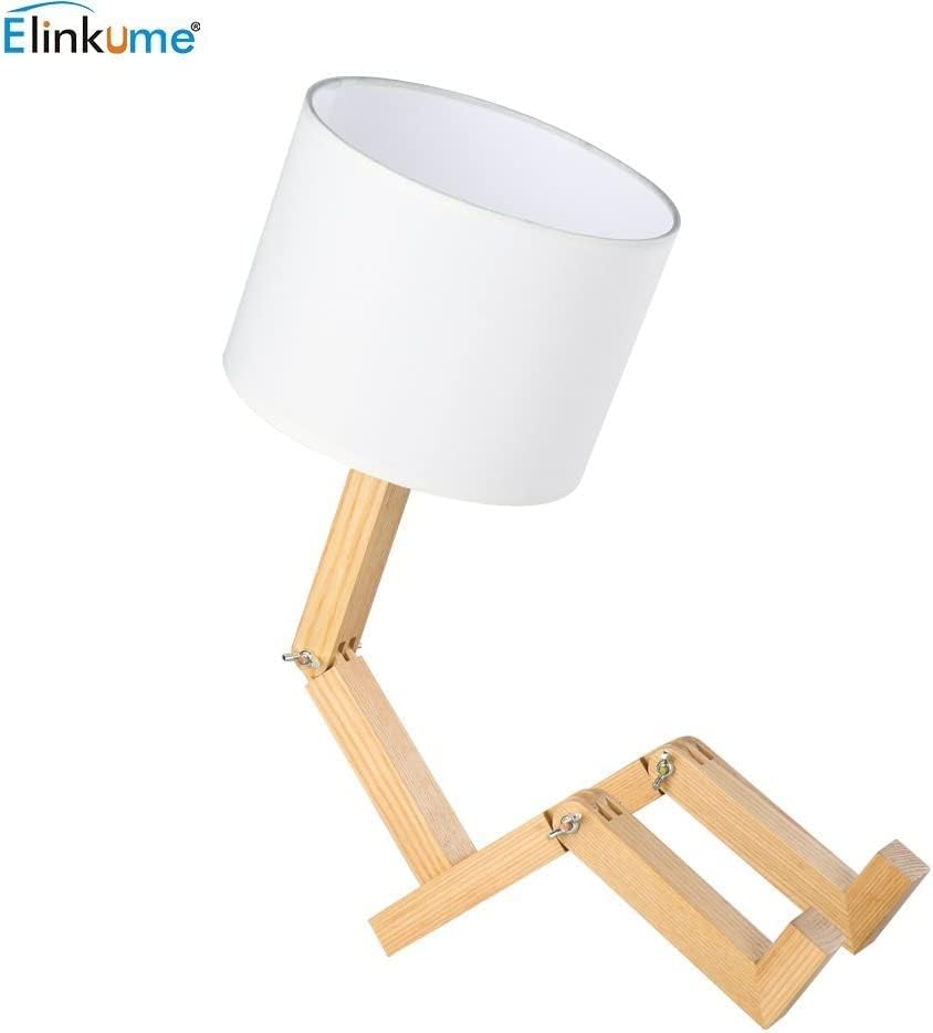 ELINKUME Robot Desk Lamp Set of 2, Creative Bedside Lamp for Bedroom,Wooden Lamp Body Adjustable,DIY E26 Living Room Table Lamps with Fabric Shade,Modern Indoor Decorative Lighting, TB-QBT005-WHM2