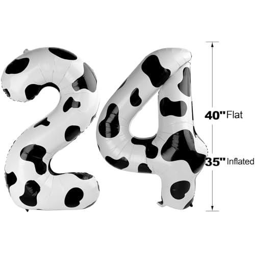 Cow Print Number 24 Balloon 40 inch, 24 Number Balloons, 24th Cow Farm Barnyard theme Birthday Decorations for Girls Boys Kids, 24 Year Old Party Supplies