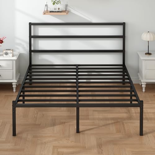 Full Size Bed Frame - Modern Black Steel Platform Bed with Storage