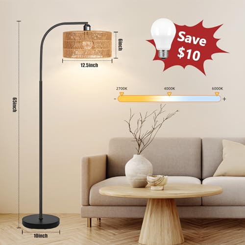 Brilvibera Rattan Floor Lamp- Boho Floor Lamp for Living Room, Rattan Standing Lamps with Dimmable Bulb, Adjustable Rattan Lamp Shades Bohemian Over Couch Lamps for Bedroom, Office