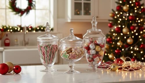 Set of 3 Clear Glass Apothecary Jars with Lids for Storage and Display