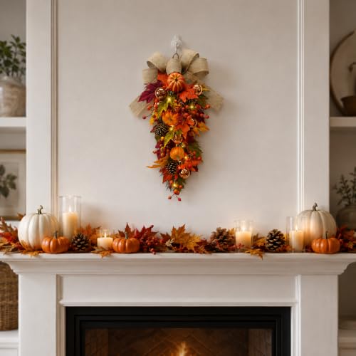 24-Inch Pre-Lit Fall Teardrop Swag with 15 Warm LED Lights & Timer, Autumn Door Decor