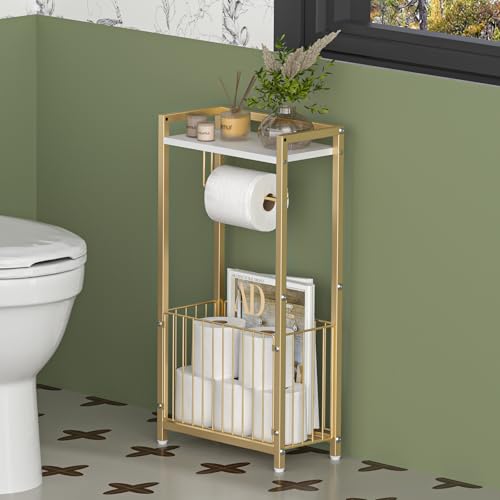 Freestanding Toilet Paper Holder with Storage Shelf - Gold Bathroom Organizer