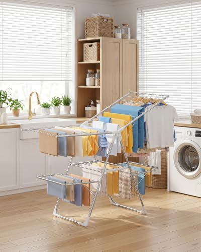 Sakugi Foldable Clothes Drying Rack - 55.5-Inch Adjustable Wings, Silver & White, Large (55.5"L x 22.8"W x 36.6"H)