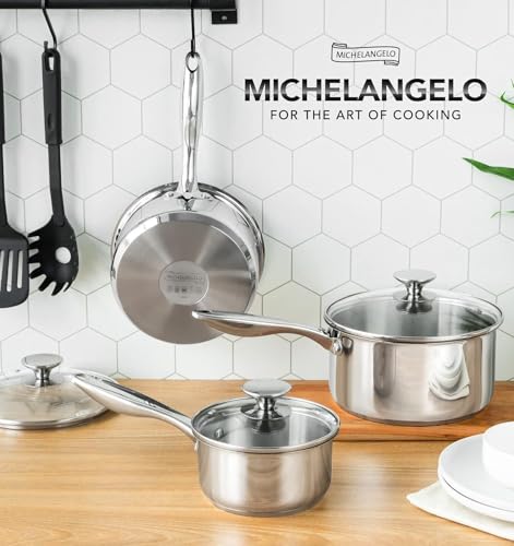 Michelangelo Full Tri-Ply Stainless Steel Saucepan Set 1QT+2QT+3QT with Lids