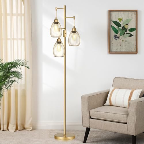 Dimmable Industrial Floor Lamp - Gold Tree Standing Lamp with Teardrop Cage Heads, 70-Inch Tall, 800 Lumens LED Bulbs Included - Variation: Gold