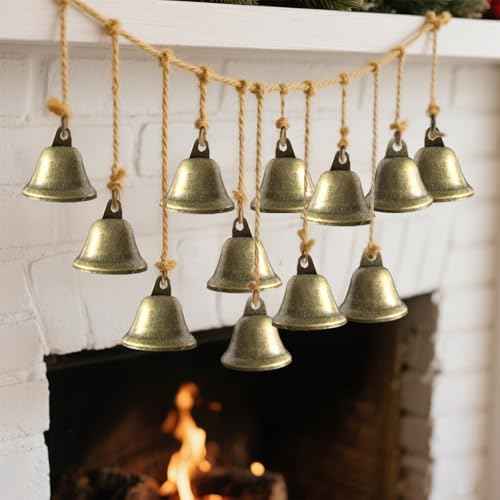 Bell Garland Christmas Decorations - Rustic Bronze Bells Banner for Christmas Tree Mantle Fireplace and Wall Decor