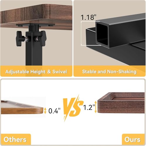 Walnut Brown Adjustable C End Side Table with 360° Swivel & Wheels, Space-Saving Sofa & Bed Snack Table - XNSDXV