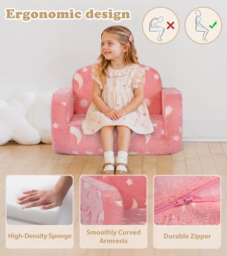 Pink Moon Kids 2-in-1 Glow-in-The-Dark Toddler Couch with Blanket & Cloud Pillow