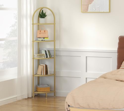 Homhedy 5-Tier Gold Corner Shelf Stand - Stylish Metal Glass Bookcase & Organizer