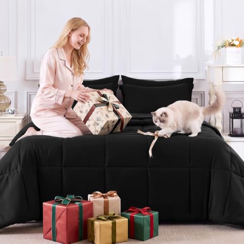 CozyLux Oversized King Comforter Set Black - 7-Piece Bed in a Bag