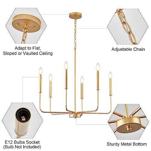Gold 6-Light Candle Chandelier for Dining Room Farmhouse Pendant Light Fixture - Adjustable Height