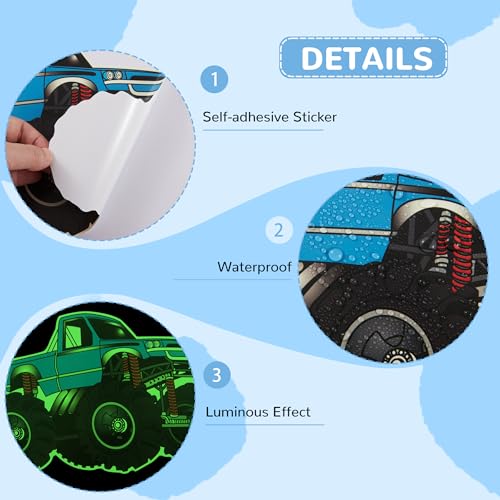 Glow in The Dark Racing Car Wall Stickers, Truck Kids Bedrooms Wall Decals, Racing Theme Big Foot Truck Ceiling Decor, Nursery Classroom Playroom Home Decor Gifts