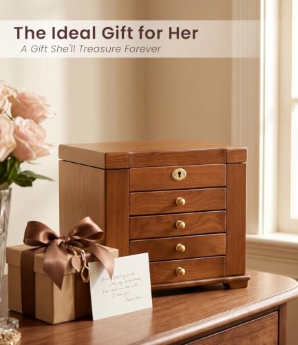 Wood Jewelry Box Organizer with Lockable Drawers & Mirror - 5-Drawer Storage