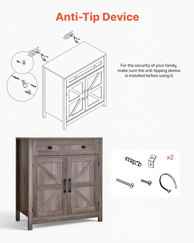 VEVOR Farmhouse Grey Buffet Cabinet with 2 Barn Doors & Adjustable Shelves - 30" Coffee Bar Sideboard with Drawers