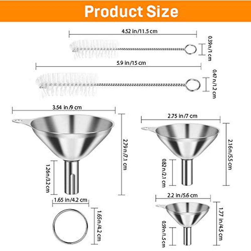 Kitchen Funnels for Filling Bottles, YGDZ 3pcs Small/Medium/Large Food Grade Stainless Steel Metal Kitchen Funnels Set for Essential Oil Spices Liquid, 2pcs Cleaning Brushes
