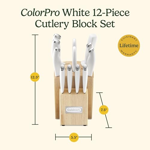 White Stainless Steel Knife Block Set - 12-Piece Kitchen Cutlery with Storage