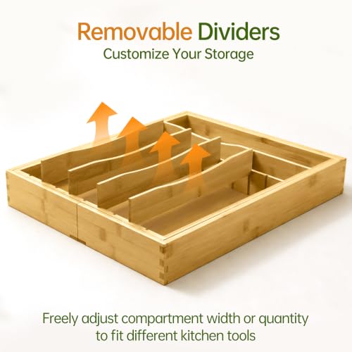 Fyctio Natural Bamboo Expandable Silverware Drawer Organizer with Removable Knife Block