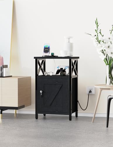 Black Wooden Nightstand with Lockable Cabinet and Charging Station - 11.8 x 15.7 x 23.6 Inches