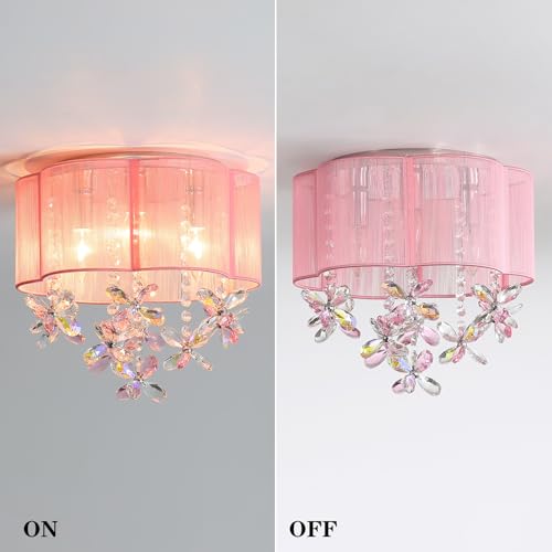 Pink Mini Chandelier Ceiling Light - 13-Inch Crystal Flush Mount with Handmade Flower Lampshade for Girls' Bedroom, Nursery, Dinning Room - Variation: Pink / 13" Ceiling