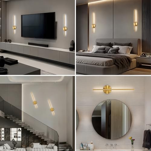 Gold Battery Operated Wall Sconces Set of Two - 24 Inch Wireless Modern Lighting