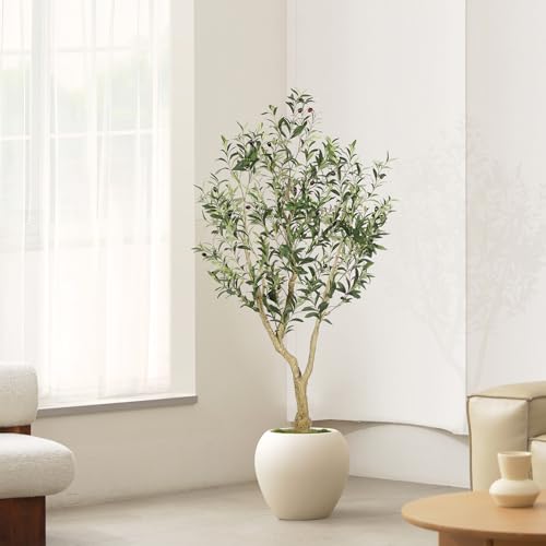 LYERSE 5ft Artificial Olive Tree in Black Pot with Large Branches & Fruits – Realistic Home Decor