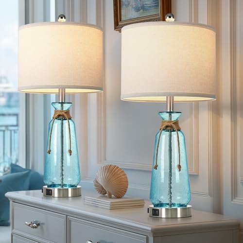 Coastal 26-Inch Dimmable Bedside Lamps Set of 2 with USB & AC Outlet - Teal