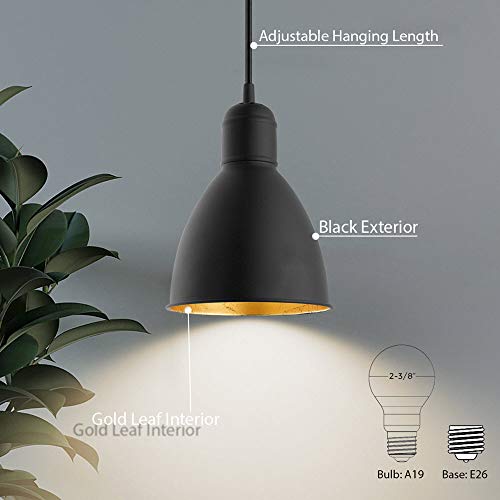 EGLO Priddy 1-Light Mini Pendant Hanging Lighting Fixture with Steel Shade for Kitchen Island, Hallway, and Dining Room, 60W, 82 in, Black and Gold