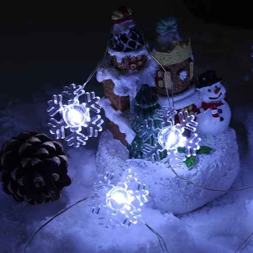 2 Pack Battery Operated Snowflake Christmas Lights Decorations,7FT Silver Wire 20 LED Snowflake String Lights for Indoor Holiday Wedding Party Christmas Tree Garland Decor(Cold White)