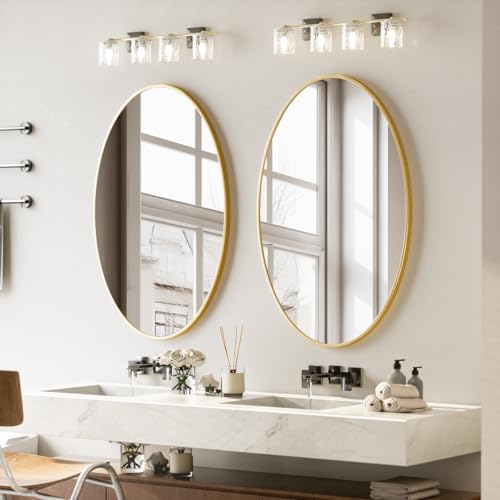 VooBang Gold Oval Bathroom Mirror, 24 x 32 inch Modern Oval Wall Mounted Vanity Mirror with Tempered Glass Hanging Horizontally or Vertically, Gold