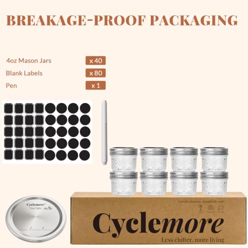 CycleMore 40 Pcs 4oz Crystal Mini Mason Jars, Silver Separable Lids