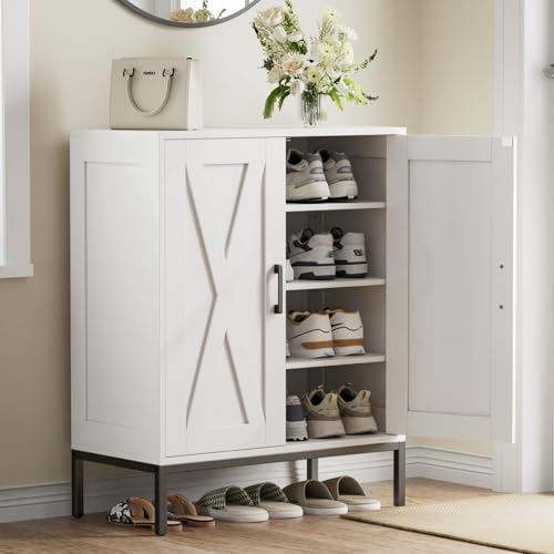 White Farmhouse Shoe Cabinet with 2 Barn Doors & Metal Legs - Homleke