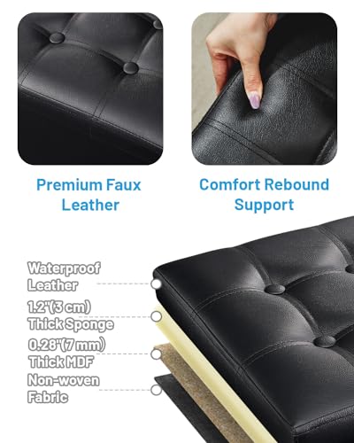 Foldable Storage Ottoman Footrest 17x13x13 inch Black 2 Pack - Leather