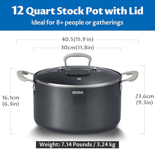 12QT Non-Stick Stock Pot with Lid - Ceramic Big Cooking Pot for Soup - Gray