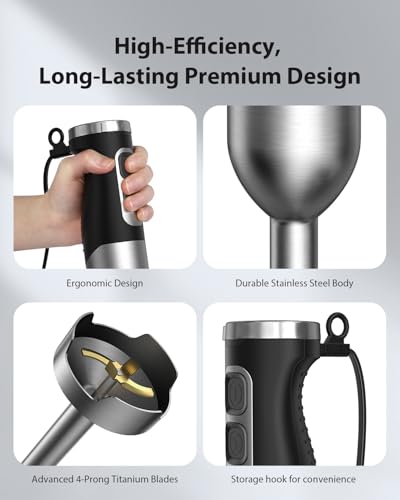 1000W Handheld Immersion Blender with 25-Speed Copper Motor - Silver