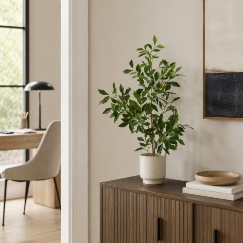 Green 27-Inch Indoor Faux Potted Ficus Tree with Ceramic Pot - Amore Florals