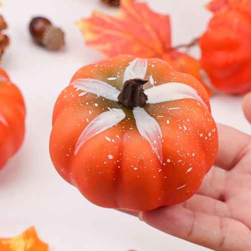 29 Pcs Artificial Pumpkins Decor Set,Fall Home Decorations Including Mini Pumpkins,Maple Leaves,Acorns,Pine Cones,Berries for Home Fall Halloween Thanksgiving Pumpkin Table Decor