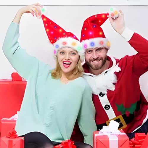 Light Up Christmas Santa Hat,Red Velvet Xmas Costume Hats for Adult Women Men Party Holiday Unisex New Year Festive Headwear