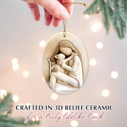 2025 Cat Christmas Ornament - 3D Relief Ceramic Ornament for Christmas Tree - Cat Lover Gifts for Women, Girls, Pet Owners - Holiday Keepsake & Xmas Gift Exchange Idea