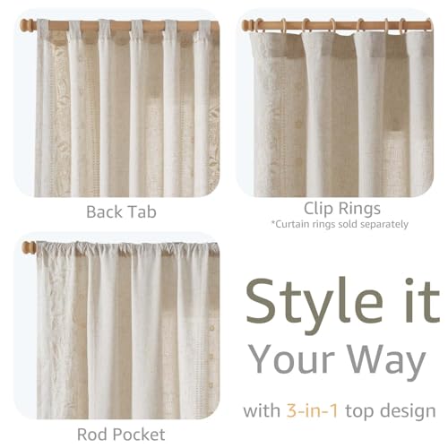 JINCHAN Ivory Floral Linen Curtains 50" x 84" - Pack of 2, Back Tab, Light Filtering