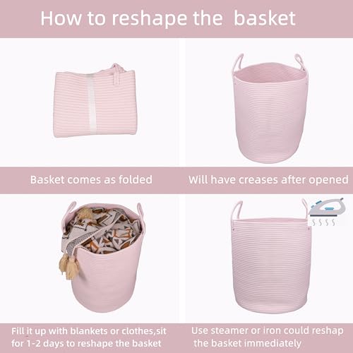 XUANGUO Large Light Pink Cotton Rope Laundry Hamper with Handles