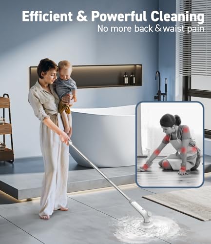 Electric Spin Scrubber Cordless Shower Cleaner with Extensible Handle - White