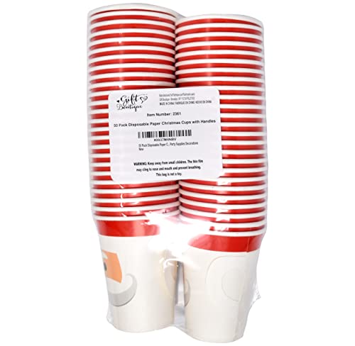 50 Pack Christmas Santa Face Paper Cups 9oz with Handles for Holiday Parties