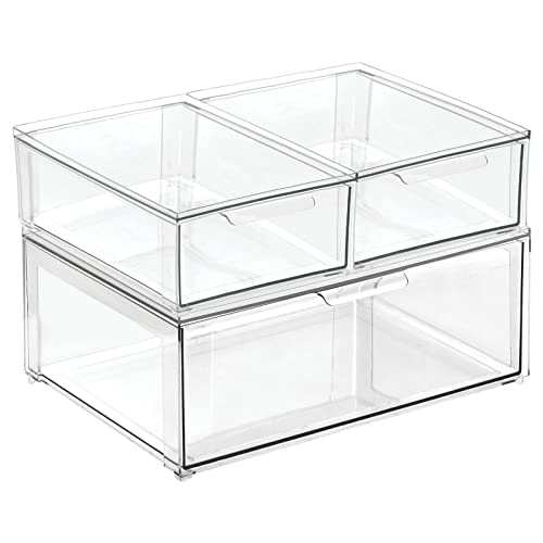 mDesign Clear Plastic Stackable Bathroom Storage Bin Set with Front Pull Drawers