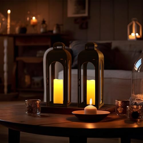 NEEDOMO 22-Inch Set of 2 Bronze Metal Lanterns with Tempered Glass Panels - Indoor & Outdoor Decorative Hurricane Lights