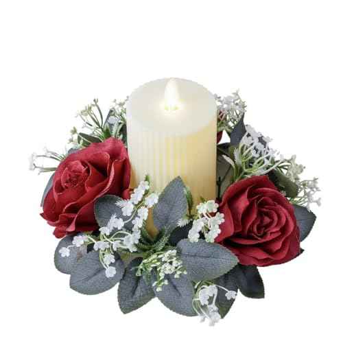 2 Pack Christmas Candle Rings Wreaths,Artificial Rose Floral Wreaths with Eucalyptus Leaves Greenery Small Wreath for Pillar Cabinet Wedding Centerpiece Party Home Table Decor (Red)
