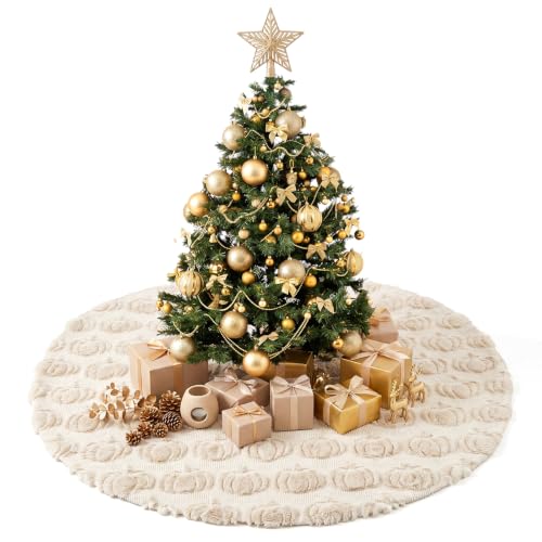 Thenshop Fall Tree Skirt 48 Inch Beige Plush with 3D Pumpkins - Seasonal Decor